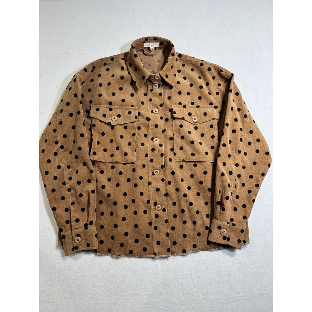 Easel Tan Black Polka Dot Corduroy Button Up Shirt Women's Small Long Sleeve